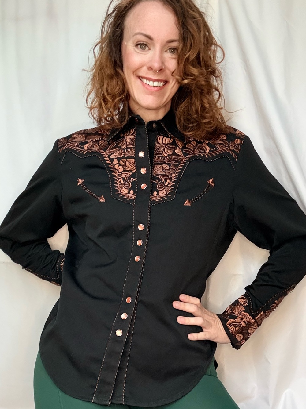 Scully Black Button-Down Western Shirt with Tan Embroidery